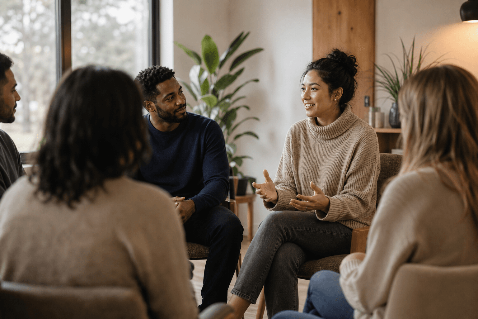 A welcoming peer support group listening as one person shares